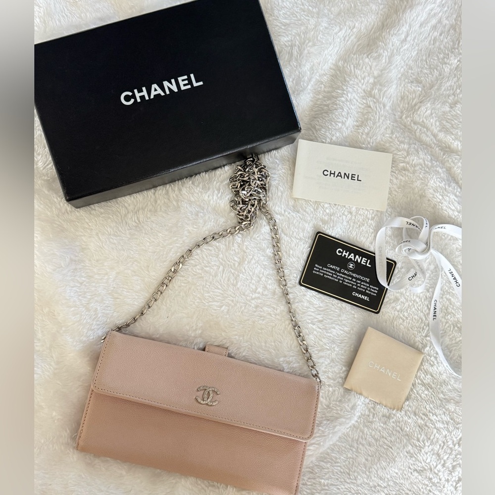 Authentic Chanel Coco Mark Sevruga Caviar Skin Flap Long Wallet On Chain Pink